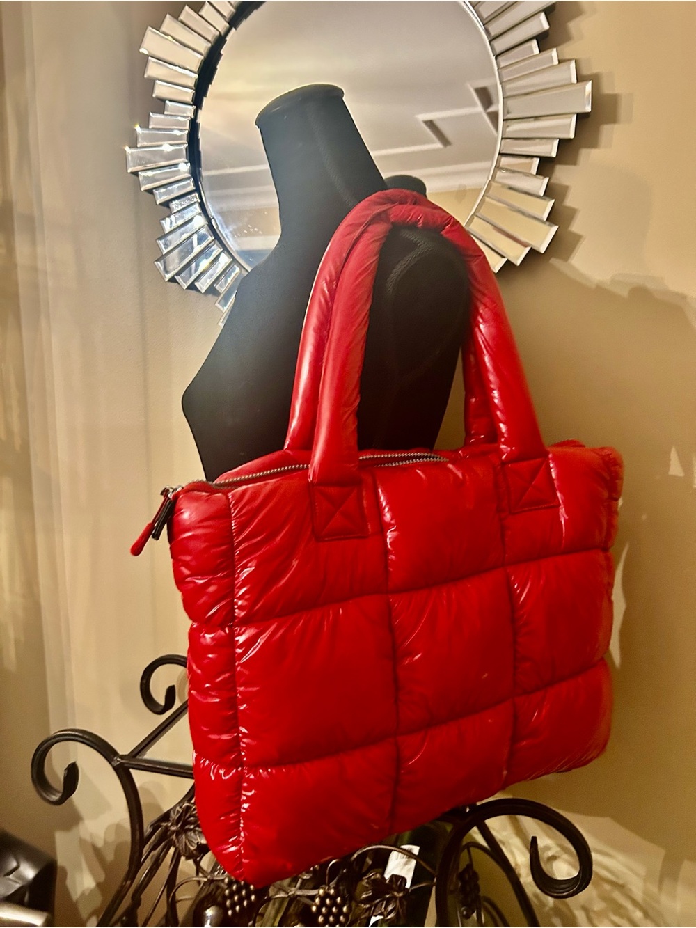 Quilted Puffer Tote Bag in Red